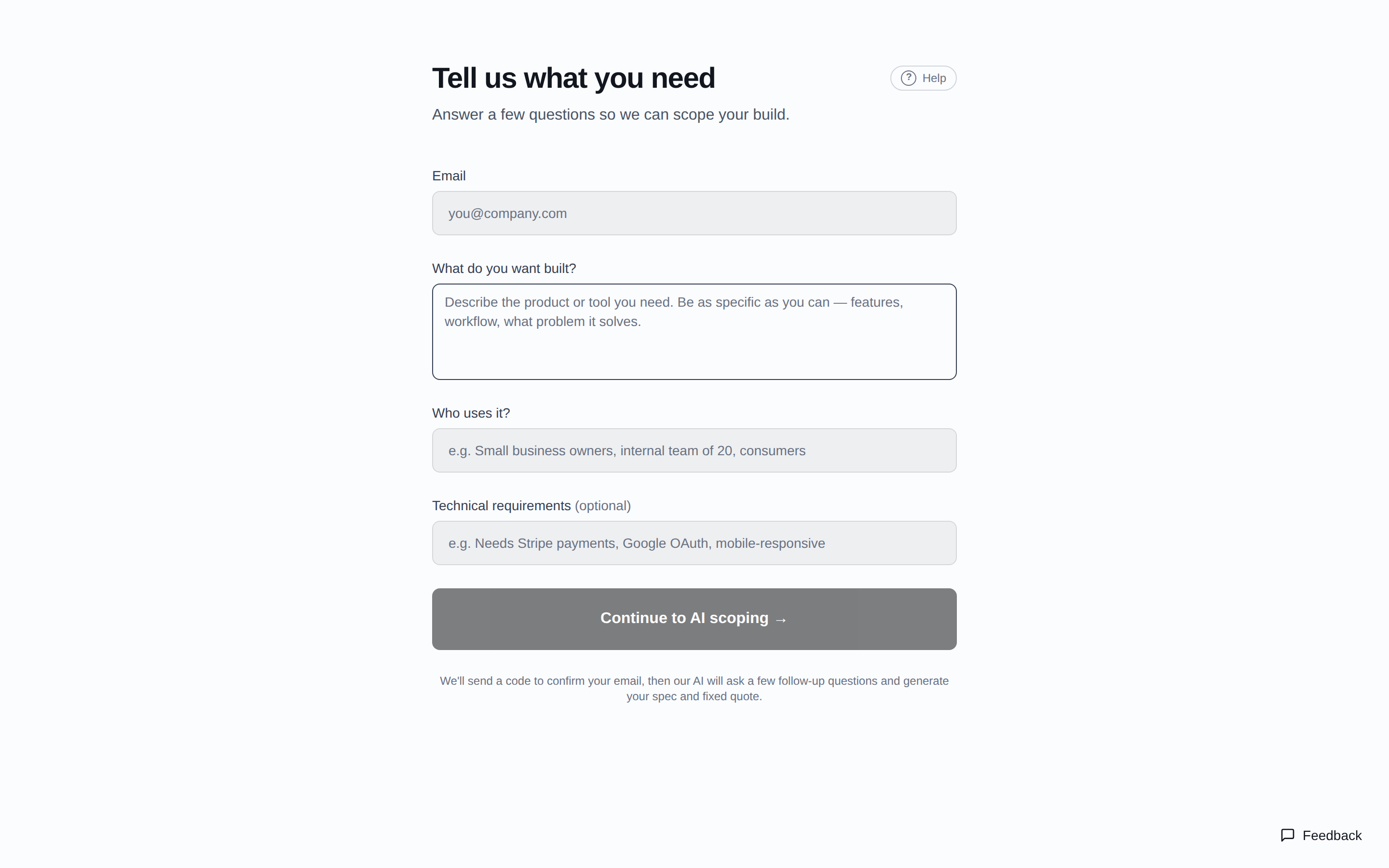 Sindri's AI-guided intake — describe what you want built, who uses it, and any technical requirements