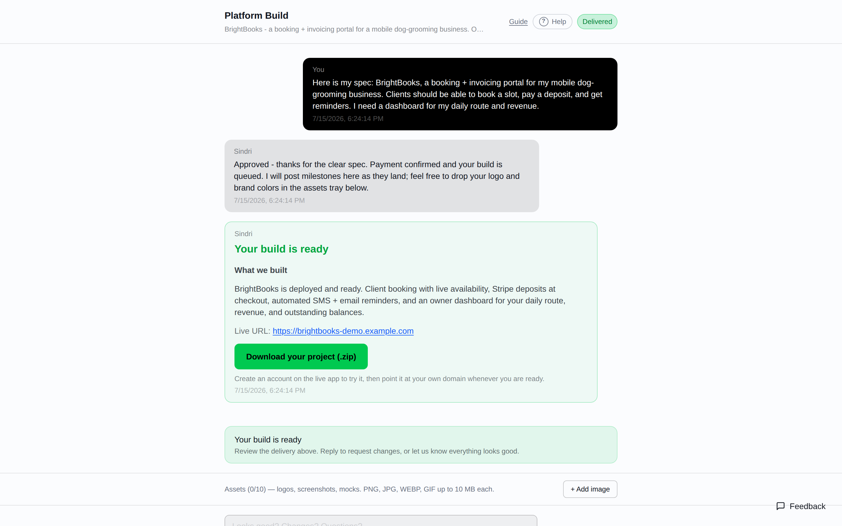 A Sindri customer build portal showing delivered status and a download button for the finished source code